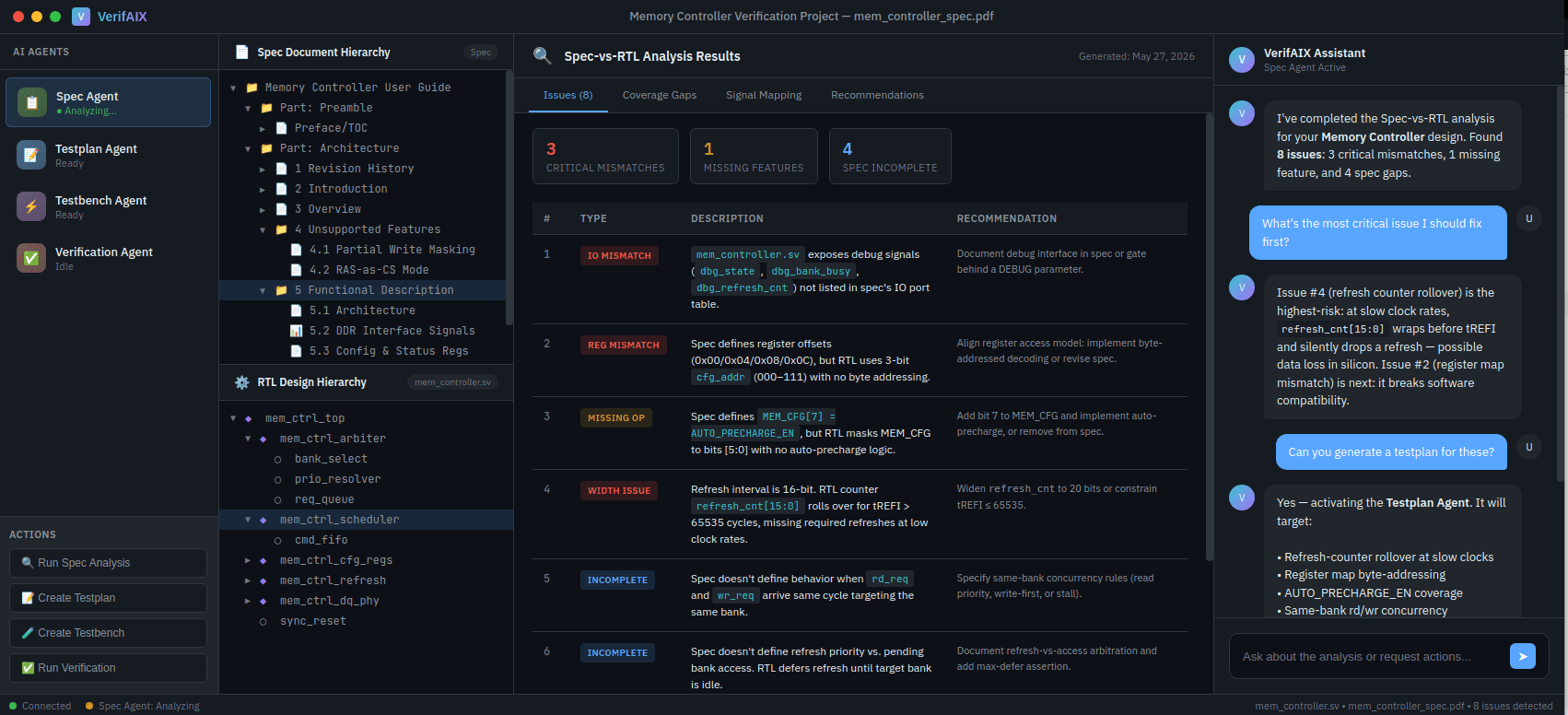 Dark UI showing memory controller spec verification dashboard