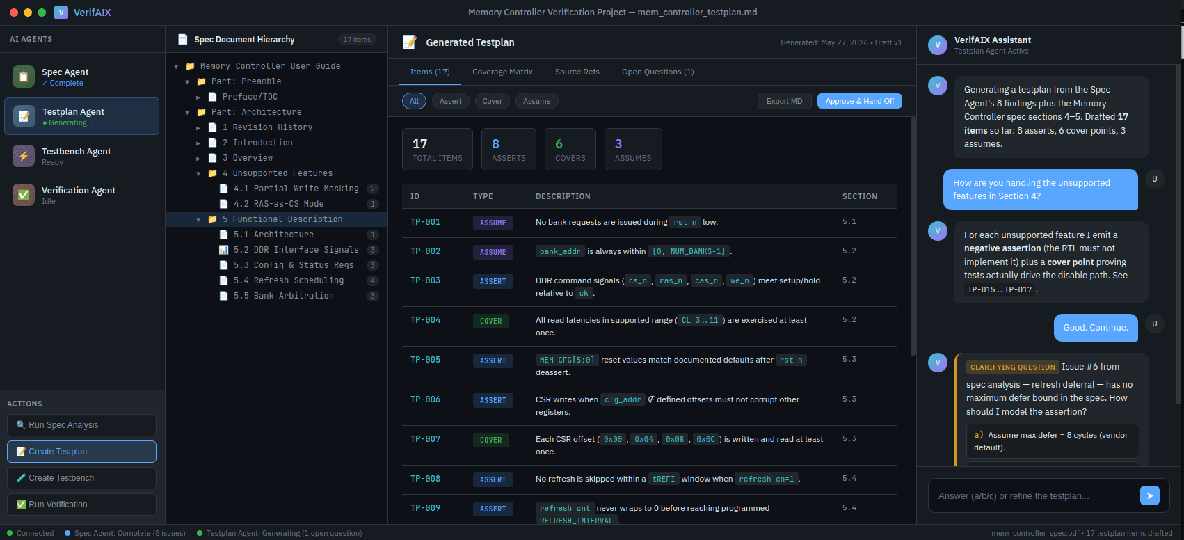 Dark developer dashboard displaying logs and chat